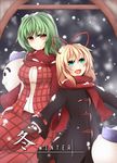  blonde_hair blue_eyes blush breasts cold green_hair kazami_yuuka large_breasts looking_at_viewer medicine_melancholy midori_(misuriru8) multiple_girls open_mouth red_eyes scarf short_hair smile snowing touhou winter winter_clothes 