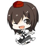  bad_id bad_pixiv_id black_eyes brown_hair camera hat jumping katori_(quietude) looking_at_viewer lowres one_eye_closed open_mouth shameimaru_aya simple_background skirt smile solo tokin_hat touhou white_background 