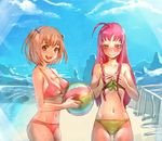  ahoge ball beach beachball bikini blush bow_(bhp) braid breast_envy breast_squeeze breasts brown_eyes brown_hair cleavage cloud day green_bikini green_eyes hair_ribbon hataraku_maou-sama! holding holding_ball large_breasts long_hair multiple_girls navel open_mouth outdoors red_bikini red_hair ribbon sasaki_chiho short_hair side_braid sky smile swimsuit twintails yellow_eyes yusa_emi 