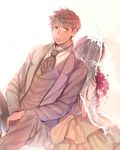  1girl back-to-back bad_id bad_pixiv_id bouquet bridal_veil brown_eyes brown_hair couple dress flower formal hetero inseki_tarou kanagawa_(uchi_no_toko_de_wa) long_hair personification shikoku_yonkyoudai shizuoka_(uchi_no_toko_de_wa) short_hair suit uchi_no_toko_de_wa uchi_no_yome_ni_wa veil wedding_dress 