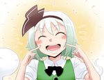  :d black_hairband blush green_hair hairband konpaku_youmu konpaku_youmu_(ghost) open_mouth pointing pointing_at_self short_hair smile solo touhou yoekosukii 