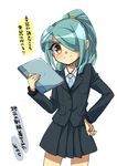  aichi_shiho androgynous aqua_hair bad_id bad_pixiv_id blazer blush brown_eyes crossdressing hair_over_one_eye inazuma_eleven inazuma_eleven_(series) jacket kazemaru_ichirouta male_focus necktie otoko_no_ko ponytail simple_background skirt smile solo translation_request white_background 