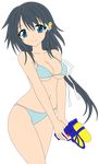  1girl absurdres bikini black_eyes black_hair breasts gun highres kazane_hiyori legs long_hair photoshop smile solo sora_no_otoshimono swimsuit thighs toy vector_trace water_gun weapon 