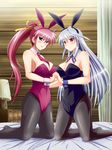  animal_ears bed blue_eyes breasts bunny_ears bunnysuit cleavage detached_collar hair_ribbon highres holding_hands inoshira kneeling large_breasts long_hair lyrical_nanoha mahou_shoujo_lyrical_nanoha mahou_shoujo_lyrical_nanoha_a's multiple_girls necktie pantyhose pink_hair ponytail red_eyes reinforce ribbon signum silver_hair single_hair_intake smile wrist_cuffs 