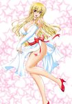  1girl bare_shoulders blonde_hair blue_eyes breasts cleavage curvy dress earrings elbow_gloves female gloves happy high_heels huge_breasts jewelry legs long_hair nail_polish nanami_(pixiv852700) necklace original shoes solo standing 