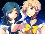  aqua_hair bishoujo_senshi_sailor_moon blonde_hair blue_choker blue_sailor_collar bow choker gloves kaiou_michiru multiple_girls outer_senshi sailor_collar sailor_neptune sailor_senshi sailor_senshi_uniform sailor_uranus saku_anna short_hair ten'ou_haruka upper_body very_short_hair white_gloves yellow_bow 