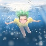  bad_id bad_pixiv_id barefoot bubble feet freediving green_hair hatsuseno_alpha highres long_hair shirt smile solo swimming toes underwater yokohama_kaidashi_kikou 