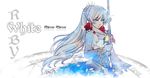  blue_eyes copyright_name dress earrings english holding holding_sword holding_weapon jewelry long_hair long_sleeves magic_circle myrtenaster necklace ponytail rapier rwby silver_hair simple_background solo steelgarden sword upper_body weapon weiss_schnee white_background white_dress 