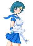  back_bow bishoujo_senshi_sailor_moon blue_choker blue_eyes blue_hair blue_sailor_collar blue_skirt bow breasts choker earrings elbow_gloves gloves highres jewelry magical_girl medium_breasts mizuno_ami nape sailor_collar sailor_mercury sailor_senshi_uniform short_hair skirt smile solo tiara white_gloves zzy 