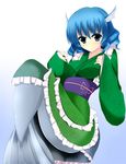  blue_eyes blue_hair frills head_fins japanese_clothes mermaid monster_girl nitoridio obi sash solo touhou wakasagihime wide_sleeves 