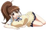  :d apron breasts brown_eyes brown_hair huge_breasts long_hair lying open_mouth ponytail smile solo taneshima_popura umi_no_tarako working!! 