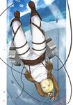  annie_leonhardt blonde_hair highres jacket paradis_military_uniform shingeki_no_kyojin short_hair three-dimensional_maneuver_gear uemukai_dai upside-down 