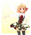  bad_id bad_pixiv_id black_dress black_legwear bow dress hair_ribbon jigatei_(omijin) long_sleeves looking_at_viewer open_mouth outstretched_arm red_eyes ribbon rumia shirt solo thighhighs touhou zettai_ryouiki 