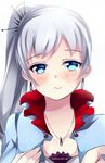  artist_name blue_eyes blush closed_mouth collarbone dress earrings eyebrows_visible_through_hair jewelry long_hair looking_at_viewer necklace pendant ponytail rwby ryothae scar smile solo tareme upper_body watermark web_address weiss_schnee white_background 
