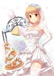  :q aki_minoriko alternate_costume bare_shoulders bell blonde_hair blush bow breasts brown_eyes dress flower food fruit garter_straps grapes jewelry medium_breasts necklace rose short_hair solo thighhighs tongue tongue_out touhou veil wedding_dress white_legwear yosshii_(ropichan2) 