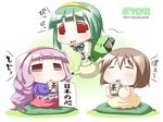  brown_hair chibi cup cushion green_hair hairband idolmaster long_hair microphone mole multiple_girls nanatsuki_(arca-nize) piyopiyo puchimasu! purple_eyes purple_hair red_eyes ribbon takanya tea teapot yukipo yunomi 