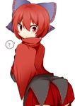  bad_id bad_pixiv_id blush bow cape from_behind katori_(quietude) leaning_forward looking_back red_eyes red_hair sekibanki short_hair touhou 