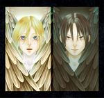  bad_id bad_pixiv_id black_eyes black_hair blonde_hair blue_eyes border christa_renz face feathered_wings freckles hair_between_eyes lips multiple_girls open_mouth parted_lips shingeki_no_kyojin short_hair wings ymir_(shingeki_no_kyojin) yuki_(dooooole) 