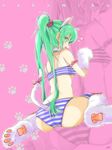  animal_ears bra cat_ears cat_paws cat_tail character_name from_behind green_eyes green_hair hatsune_miku kowiru long_hair open_mouth panties paws sitting solo striped striped_bra striped_legwear striped_panties tail thighhighs twintails underwear underwear_only vocaloid wariza zoom_layer 