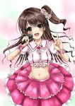  blush brown_eyes brown_hair collarbone groin highres idolmaster idolmaster_cinderella_girls kawahara_natsuki long_hair microphone navel one_side_up open_mouth pink_check_school puffy_sleeves shimamura_uzuki short_sleeves solo v 