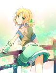  arm_warmers bad_id bad_pixiv_id blonde_hair blush blush_stickers bridge earrings fence from_behind green_eyes jewelry leaning_forward looking_back mizuhashi_parsee pointy_ears railing short_hair smile solo touhou ume_(plumblossom) 