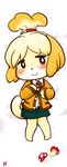  anthro artist_request bell black_sclera blonde_hair blouse blush canine cardigan chibi cute dog doubutsu_no_mori female green_skirt hair hair_bun isabelle_(animal_crossing) mammal mushrooms nintendo ribbons shizue_(animal_crossing) shizue_(doubutsu_no_mori) smile solo unknown_artist video_games 