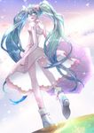  aqua_eyes aqua_hair bow dress hair_bow hatsune_miku long_hair looking_back mikki-mikki solo twintails umbrella very_long_hair vocaloid 