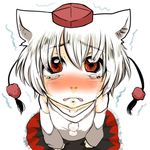  animal_ears blush detached_sleeves hat inubashiri_momiji looking_at_viewer red_eyes short_hair souta_(souta440) tokin_hat touhou trembling white_hair wolf_ears 