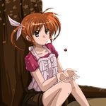  bad_id bad_pixiv_id blue_eyes brown_hair hair_ribbon light_smile lyrical_nanoha mahou_shoujo_lyrical_nanoha raising_heart ribbon seek202 short_sleeves short_twintails shorts sitting solo takamachi_nanoha tree twintails 