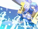  blue_eyes blue_hair blurry cape depth_of_field elbow_gloves foreshortening gloves inabatei_(amana) magical_girl mahou_shoujo_madoka_magica miki_sayaka short_hair skirt smile solo sword thighhighs weapon 