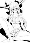 alternate_breast_size alternate_costume bad_id bad_pixiv_id barefoot blush bow breasts cleavage collarbone embarrassed greyscale hair_bow horns ibuki_suika large_breasts long_hair midriff monochrome navel no_panties older oni raised_eyebrow see-through shorts simple_background solo spread_legs stomach string_bikini tank_top tareme topo_(bacchustab) touhou very_long_hair wet white_background 
