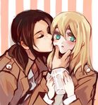  aqua_eyes cheek_kiss chin_grab christa_renz closed_eyes freckles glass hair_between_eyes hanakotoba12 hand_on_another's_face holding jacket kiss multiple_girls paradis_military_uniform shingeki_no_kyojin short_hair striped striped_background vertical-striped_background vertical_stripes ymir_(shingeki_no_kyojin) yuri 