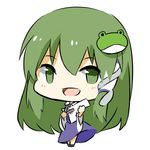  bad_id bad_pixiv_id frog_hair_ornament green_eyes green_hair hair_ornament hairpin katori_(quietude) kochiya_sanae long_hair lowres open_mouth simple_background smile snake_hair_ornament touhou white_background 