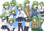  ^_^ age_comparison alternate_costume alternate_hair_length alternate_hairstyle arms_behind_back black_legwear blazer blush book cardigan closed_eyes contemporary dress_shirt frog_hair_ornament green_eyes green_hair hair_ornament hammer_(sunset_beach) jacket kochiya_sanae long_hair multiple_persona multiple_views necktie open_mouth school_uniform serafuku shirt short_hair skirt skirt_set smile test thighhighs touhou zettai_ryouiki 