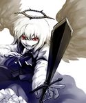  bad_id bad_pixiv_id blouse evil_smile ex-rumia fangs halo highres necktie omisodama open_mouth red_eyes rumia short_hair skirt smile sword touhou vest weapon wings 