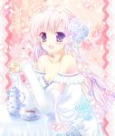  blush cup dress flower hair_flower hair_ornament happy long_hair original purple_eyes purple_hair rose solo tea teacup teapot yamada_chiaki 