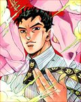  black_hair formal jojo_no_kimyou_na_bouken kawajiri_kousaku killer_queen kira_yoshikage male_focus multiple_boys necktie official_style r_(corolla) stand_(jojo) suit 