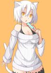  :o absurdres animal_ears bare_shoulders black_legwear breasts cat_ears cat_tail cleavage dress food highres large_breasts long_sleeves looking_at_viewer off-shoulder_sweater original popsicle redrose214 ribbed_sweater short_hair simple_background sketch solo sweater sweater_dress tail thighhighs white_hair yellow_background yellow_eyes zettai_ryouiki 