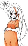  1girl drawfag english_text facial_scar hair_over_one_eye hands_on_stomach highres long_hair long_shirt multicolored_hair nikaidou_saki orange_shirt ponytail pregnant red_eyes scar scar_on_cheek shirt streaked_hair very_long_hair zombie_land_saga 