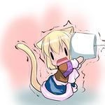  animal_ears blonde_hair chibi cup hoshizuki_(seigetsu) mizuhashi_parsee puru-see short_hair solo tail touhou trembling |_| 