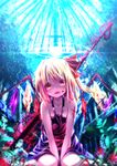  blonde_hair blood cross dress fangs flandre_scarlet flower gem laevatein leaf looking_at_viewer open_mouth orange_eyes revision ryosios side_ponytail sitting slit_pupils solo touhou wings 