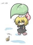  2013 blonde_hair blush_stickers boots chibi dated english full_body goma_(gomasamune) hair_ribbon kedama leaf_umbrella object_on_head puddle raincoat ribbon rumia snail touhou white_background |_| 