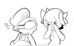 &gt;_&lt; 1girl ? boo bow closed_eyes covering_eyes facial_hair ghost greyscale hair_bow hat mario mario_(series) monochrome mustache personification sho-n-d super_mario_bros. 
