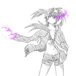  amputee asymmetrical_hair bikini_top black_hair black_rock_shooter drawfag false_arm false_limb fire flat_chest frown hair_ornament hand_in_pocket hood hooded_jacket insane_black_rock_shooter jacket long_hair midriff monochrome navel open_clothes open_fly open_jacket purple_fire shorts solo spot_color twintails uneven_twintails unzipped 