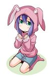  animal_ears animal_hood blue_hair blush bunny_ears bunny_hood green_eyes idolmaster idolmaster_million_live! long_sleeves mochizuki_anna nekotoufu short_hair solo white_background 