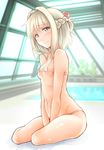  areolae arms_between_legs bikini blonde_hair blush breasts brown_eyes embarrassed half_updo hidamari_sketch indoors kagami_uekusa looking_at_viewer micro_bikini navel nazuna pool poolside rei_no_pool short_hair sitting small_breasts solo swimsuit tears v_arms white_bikini window yokozuwari 