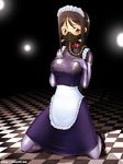  1girl blush brown_eyes brown_hair checkered checkered_floor collar dom03 elbow_gloves floor gloves highres latex_suit long_hair maid maid_headdress mary_janes shoes thighhighs 