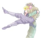  blonde_hair bomber_hat boots caesar_anthonio_zeppeli facial_mark hat headband hug jojo_no_kimyou_na_bouken joseph_joestar_(young) multiple_boys p-po purple_hair scarf striped striped_scarf 