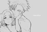  1girl ban_(nanatsu_no_taizai) closed_eyes couple elaine english gamigamimissile grey_background greyscale hetero long_hair monochrome nanatsu_no_taizai scar short_hair simple_background spiked_hair 