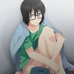  :&gt; bad_id bad_pixiv_id bakuman black_hair blue_eyes blush censored glasses kosugi_(bakuman) male_focus pants_pull solo 